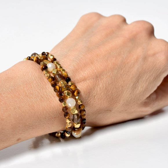 18k Vermeil Set Of Three Tiger Eye and Mother Of Pearl Stretch Bracelet - Picture 3 of 4